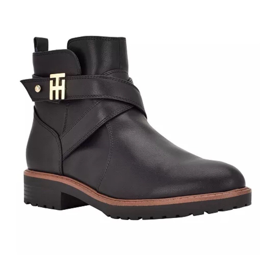 Tommy Hilfiger Federik women's ankle Zip Up Moto booties Black Gold Logo 7.5